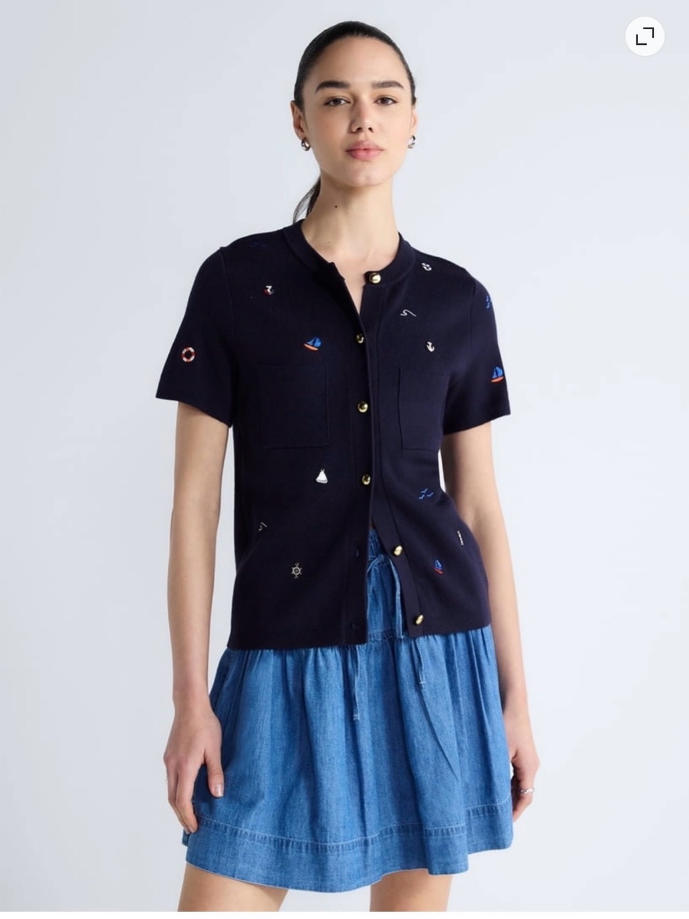 Navy Embroidered Short-Sleeve Cardigan - Women